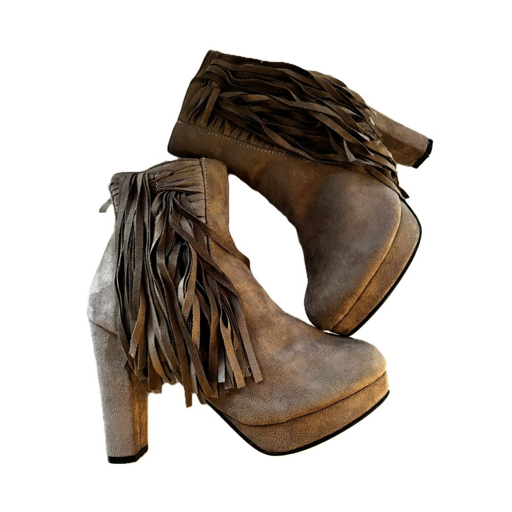Brown Faux Suede Fringe Ankle Boots Boho Western‎ Heel Booties BU Collection 8